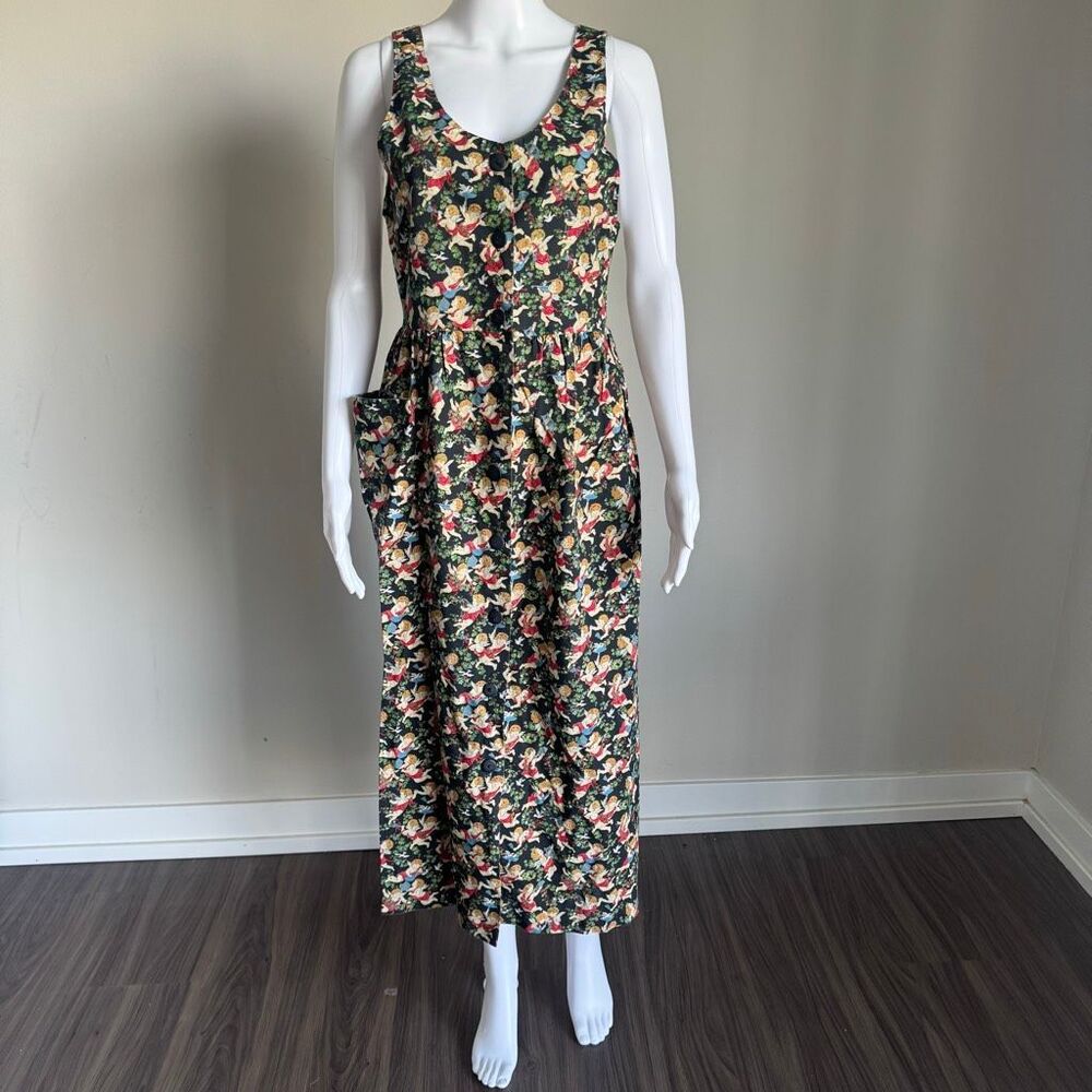 Vintage Cherub All Over Print Statement Cottage Core Dress With  Pockets Cotton - Picture 2 of 10